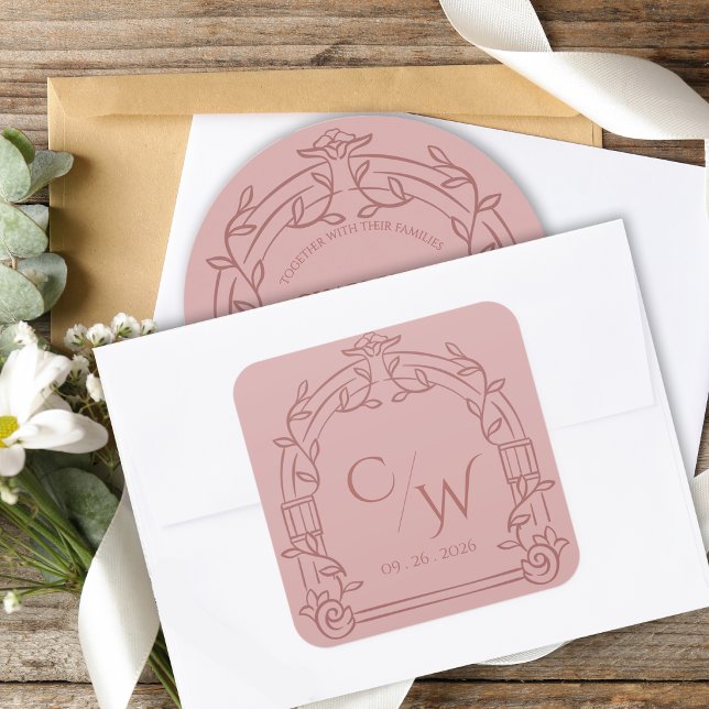 Adesivo Quadrado Dusty Rose Ornate Arch Botanical Wedding Envelope  (Elegant Dusty Rose Ornate Arch Botanical Wedding Envelope Seal Sticker)
