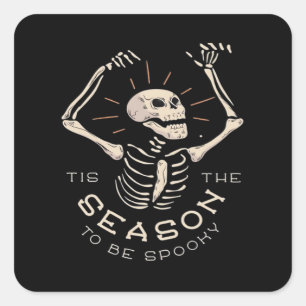 Adesivo Quadrado É a Temporada de Spooky Halloween Esqueleto Vintag
