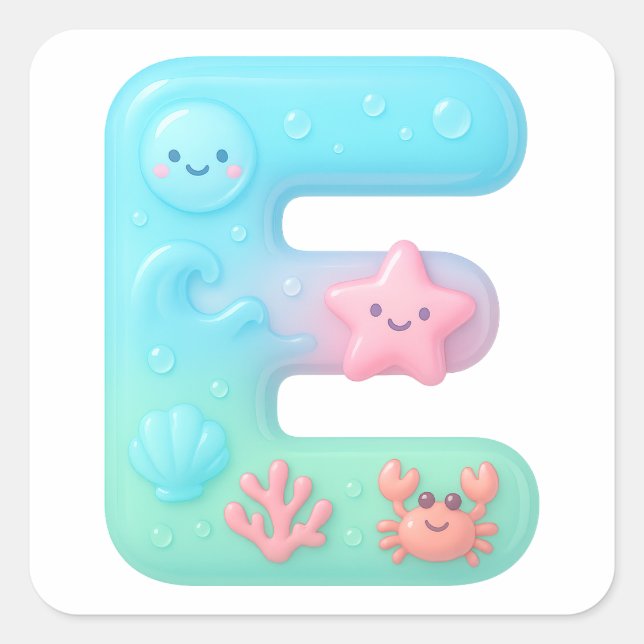 Adesivo Quadrado "E" Cute Bubble Letter - Underwater Sea Creature A (Frente)
