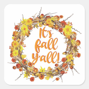 Adesivo Quadrado É Fall Y'all Orange Autumn Leaves