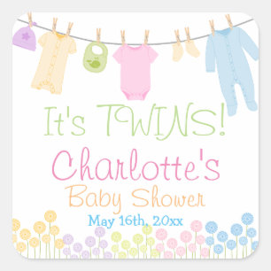 Adesivo Quadrado É o TWINS! Festa de Chá de fraldas de Roupas Peq