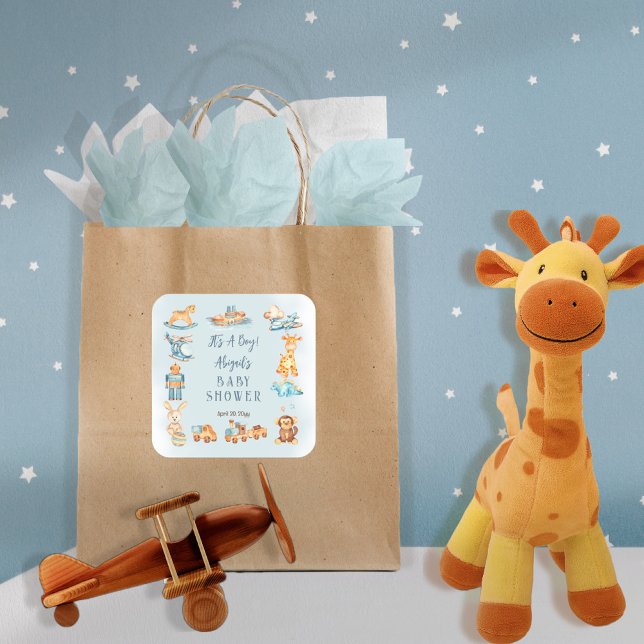 Adesivo Quadrado É um menino Wooden | Chá de fraldas de brinquedos  (Criador carregado)