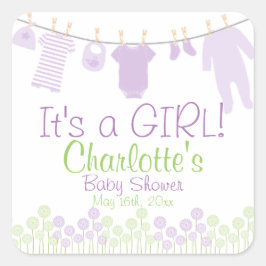 Adesivo Quadrado É uma garota! Chá de fraldas Clothesline