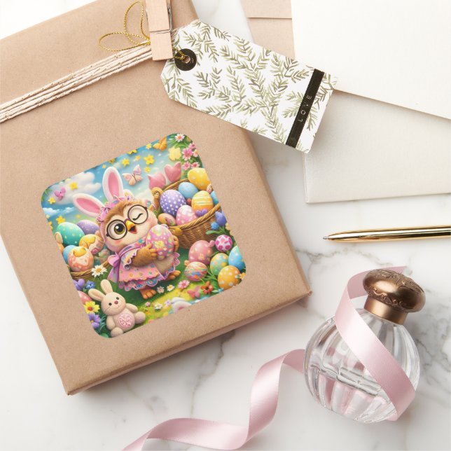 Adesivo Quadrado Easter bunny and colourful eggs whimsical sticker  (Presentear)
