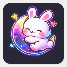 Adesivo Quadrado Easter Bunny Sleeping on Galaxy Moon Neon Sticker