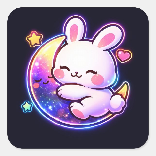 Adesivo Quadrado Easter Bunny Sleeping on Galaxy Moon Neon Sticker (Frente)