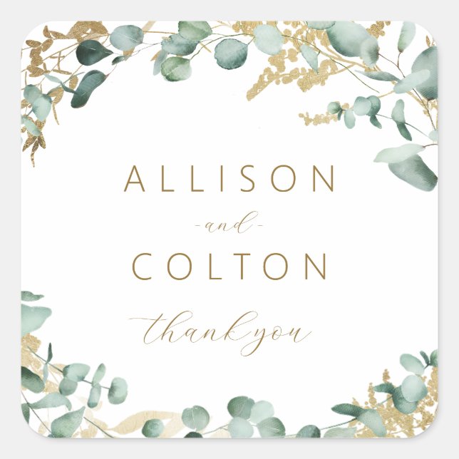 Adesivo Quadrado Ecalyptus dourado-verde-boho. (Frente)