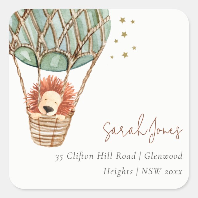 Adesivo Quadrado Eco Green Hot Air Balon Lion Endereço Mágico (Frente)