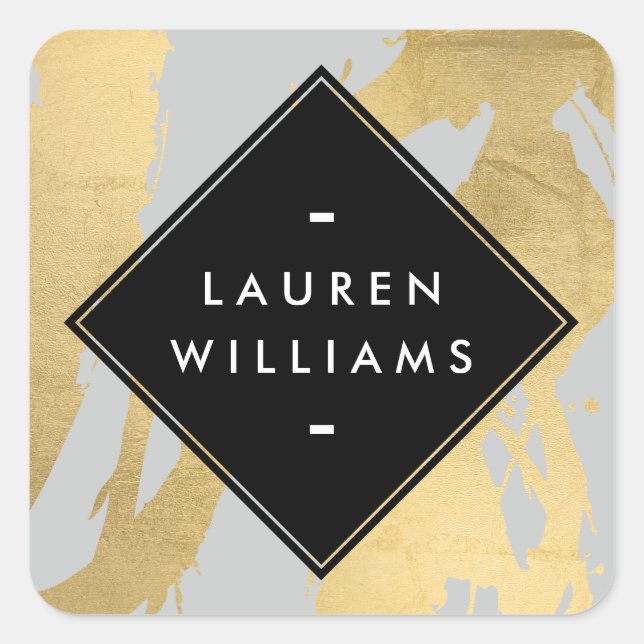 Adesivo Quadrado Edgy Faux Dourados Brushstrokes em Cinzas (Frente)