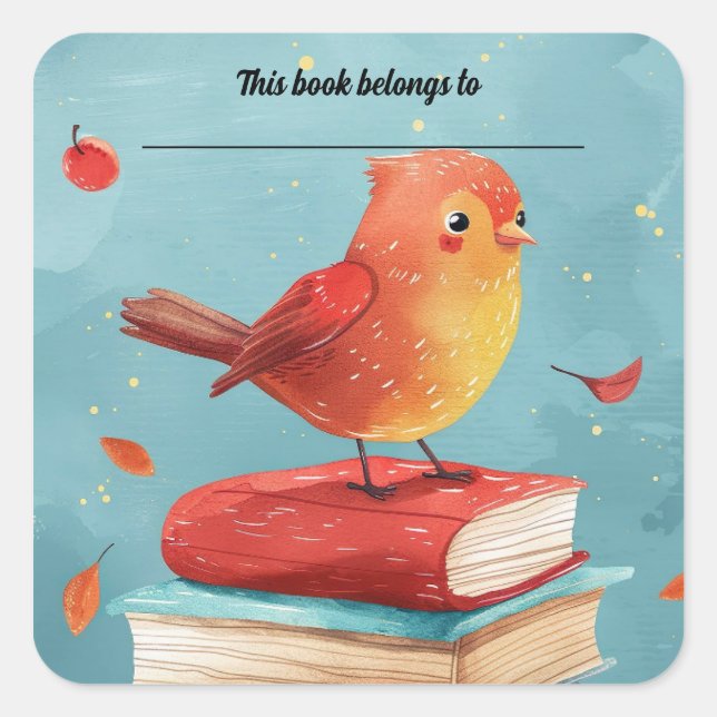 Adesivo Quadrado Editable Bird on Books Bookplate Sticker (Frente)