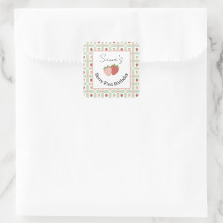 Adesivo Quadrado Editable Square Strawberry Gingham 1st Birthday 