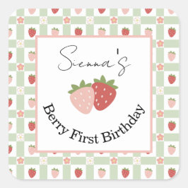 Adesivo Quadrado Editable Square Strawberry Gingham 1st Birthday