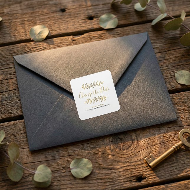 Adesivo Quadrado efeitos Dourados folhas e ramos mudam a data (Gold effect leaves and branches change the date square sticker.)