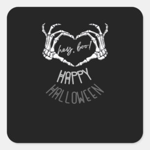 Adesivo Quadrado Ei, Boo! Feliz Halloween Skeleton Hand Heart Clas