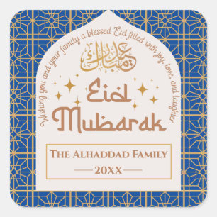 Adesivo Quadrado Eid Mubarak Feriado Islâmico Elegante Azul e Doura