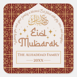 Adesivo Quadrado Eid Mubarak Feriado Islâmico Vermelho Elegante e D