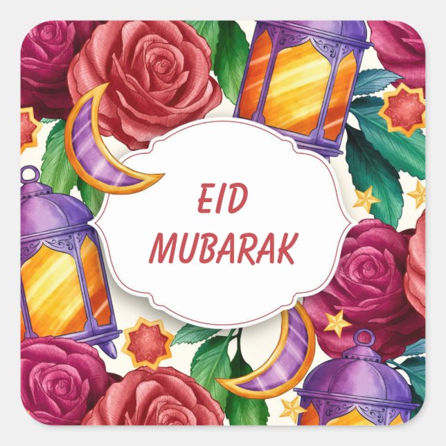 Adesivo Quadrado Eid Mubarak Watercolor Floral (Frente)