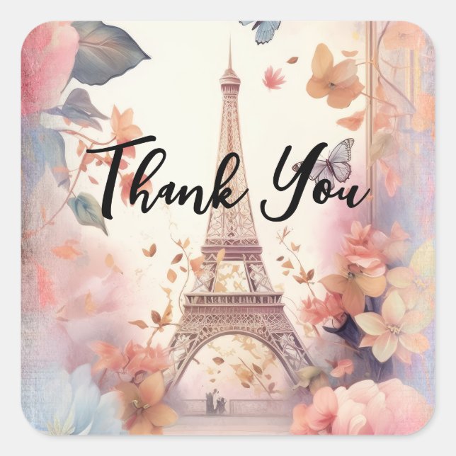 Adesivo Quadrado Eiffel Tower Butterflies and Flowers Thank You (Frente)
