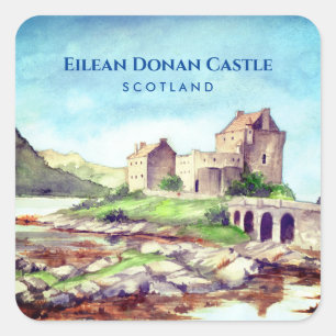 Adesivo Quadrado Eilean Donan Castle Scotland Watercolor Painting