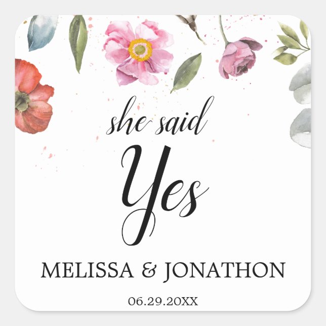 Adesivo Quadrado Ela Disse Sim Festa de noivado Primavera Bonito (Frente)