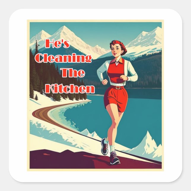Adesivo Quadrado Ele está limpando a cozinha do corredor (Frente)