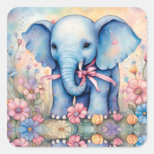 Adesivo Quadrado Elefante Adorável de Bebê em Jardim Pastel