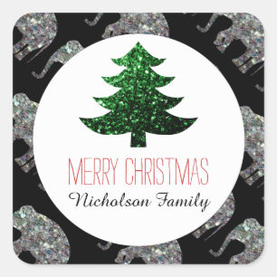 Adesivo Quadrado Elefante + Árvore de Natal Verde brilha com a eti