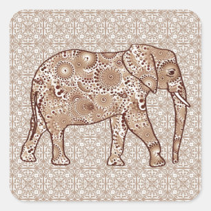 Adesivo Quadrado Elefante branco - castanho e esticado