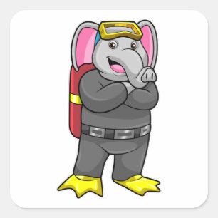 Adesivo Quadrado Elefante como mergulhador com óculos de mergulho