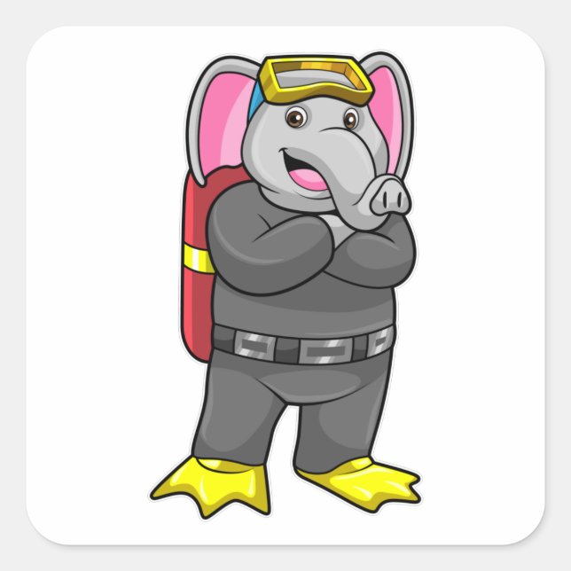 Adesivo Quadrado Elefante como mergulhador com óculos de mergulho (Frente)