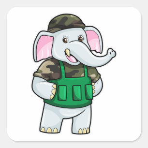 Adesivo Quadrado Elefante como Soldado com Uniforme e Capacete