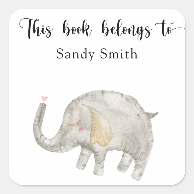Adesivo Quadrado Elefante de balão de aquarela - este livro pertenc (Frente)