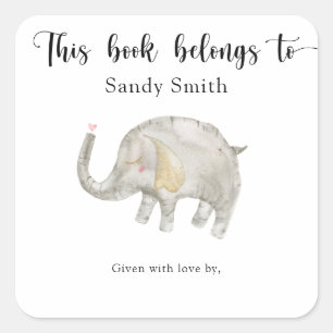 Adesivo Quadrado Elefante de balão de aquarela - este livro pertenc