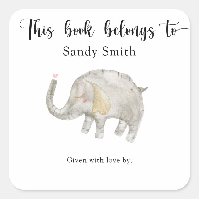 Adesivo Quadrado Elefante de balão de aquarela - este livro pertenc (Frente)