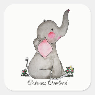 Adesivo Quadrado Elefante De Bebê Cuta De Aquarela Com Blush E Flor