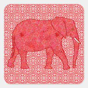 Adesivo Quadrado Elefante de flor - vermelho profundo e coral