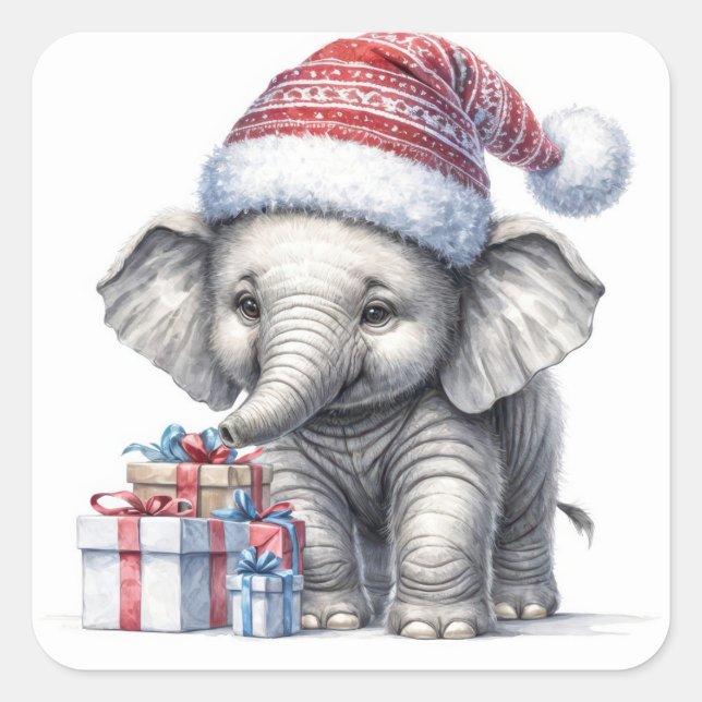 Adesivo Quadrado Elefante De Natal Com Presentes De Férias (Frente)