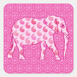 Adesivo Quadrado Elefante de Paisley - rosa-gelo e fuchsia
