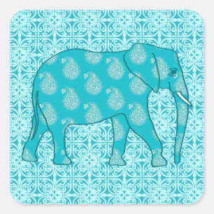 Adesivo Quadrado Elefante de Paisley - turquesa e aqua