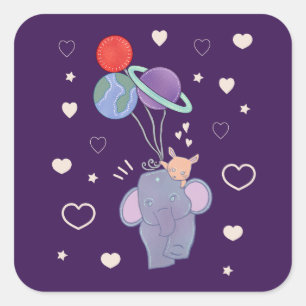 Adesivo Quadrado Elefante e Coelho no Passeio de Balão Espacial C