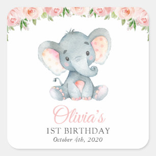 Adesivo Quadrado Elefante, Flores De Aquarela Rosa, Primeiro Aniver