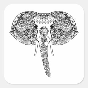 Adesivo Quadrado Elefante indiano inspirado no Zentangle