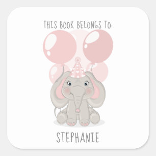 Adesivo Quadrado Elefante no Partido que Este Livro Pertence à Pra