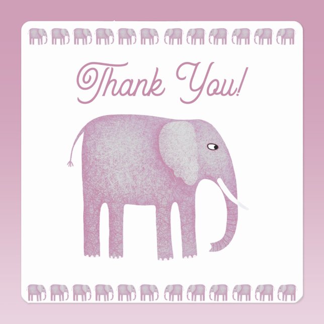 Adesivo Quadrado Elefante Rosa Obrigado (Pink elephant watercolor thank you sticker)