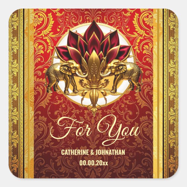 Adesivo Quadrado Elefantes híndi de flor de lótus tradicionais étni (Frente)