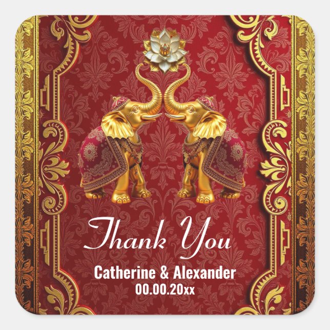 Adesivo Quadrado Elefantes indianos Flor de lótus hindi vermelho re (Frente)