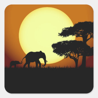 Adesivo Quadrado Elefantes Safari no pôr do sol