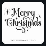 Adesivo Quadrado Elegan Black & White Merry Christmas Script Person<br><div class="desc">Espalhe a alegria de férias com um adesivo de Natal Retro Black e White Feliz! Este na moda e design chic apresentam um roteiro elegante em uma paleta clássica preto-e-branco. Perfeito para adicionar um toque festivo ao plástico de presentes, cartões de natal ou favoritos para festas. Crie seus autocolantes únicos...</div>
