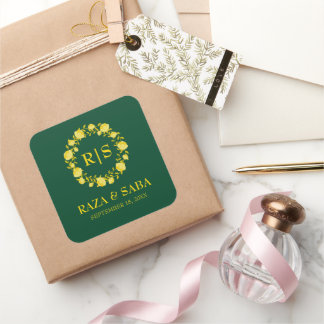 Adesivo Quadrado Elegância Esmeralda e Dourada Casamento