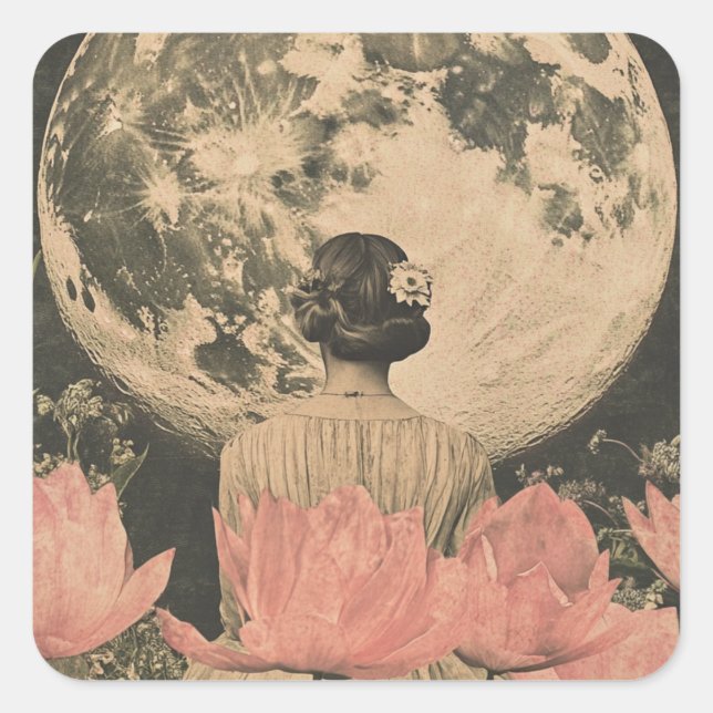 Adesivo Quadrado Elegância Lua - Visão Traseira da Mulher com Lua (Frente)